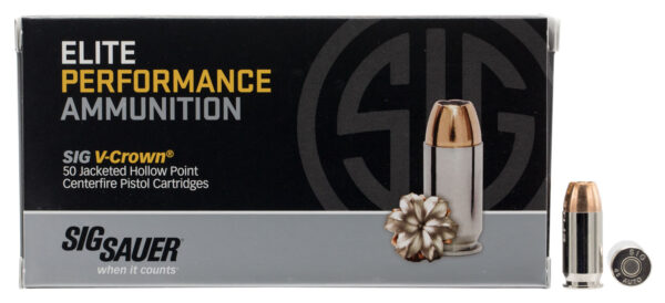 Sig Sauer E45AP250 Elite Performance  45ACP 230gr V-Crown Jacketed Hollow Point 50 Per Box/10 Case
