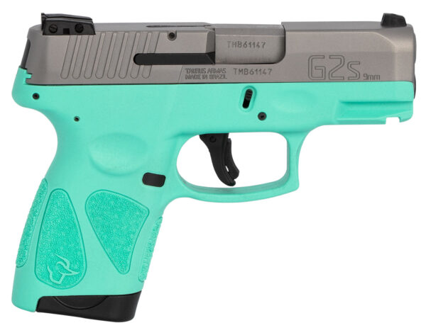 Taurus 1G2S939C G2S  Compact Frame 9mm Luger 7+1 3.26" Matte Stainless Steel Barrel, Matte Serrated Stainless Steel Slide, Cyan Polymer Frame w/Picatinny Rail & Polymer Grip, Right Hand