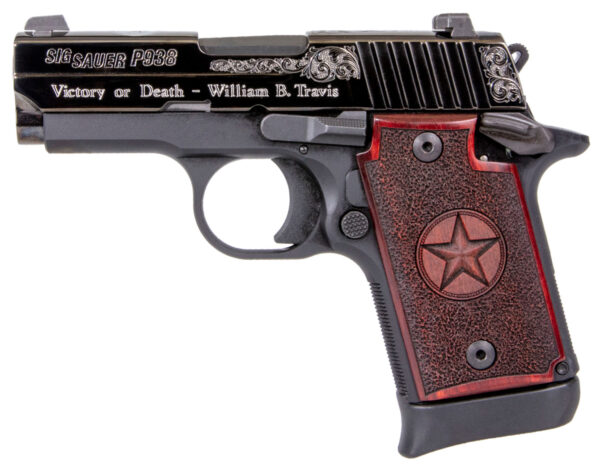 Sig Sauer 9389TXSAMBI P938 Texas Engraved Silver 9mm Luger 3" 7+1 Black Aluminum Frame Black Nitron Stainless Steel with Silver Accents Slide Redwood Grip Night Sights