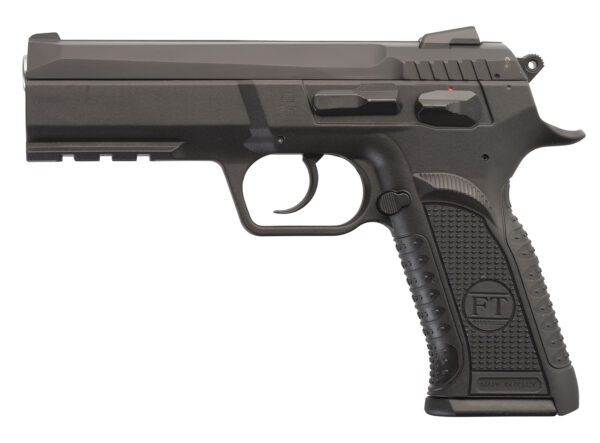 Tanfoglio IFG TFFORCEP9 Defiant Force Plus 9mm Luger Caliber with 4.40" Barrel, 16+1 Capacity, Overall Black Finish, Picatinny Rail/Beavertail Frame, Serrated Steel Slide & Polymer Grip