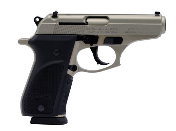 Bersa THUN380PNKL15 Thunder Plus Sub-Compact Frame 380 ACP 15+1, 3.50" Nickel Steel Barrel, Nickel Cerakote Serrated Steel Slide, Nickel Cerakote Aluminum Frame w/Beavertail, Black Rubber Grip