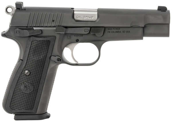 FN 66100256 High Power  9mm Luger 17+1, 4.70" Black Target Crown Steel Barrel, Black PVD Serrated Steel Slide & Steel Frame w/Beavertail, Black Textured Polymer Grip, Ambidextrous