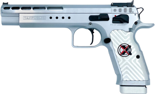 Tanfoglio IFG TFGOLDMX9 Gold Match Xtreme 9mm Luger 16+1 6" Stainless Polygonal Rifled Barrel, Stainless Ported Slide, Stainless Steel Frame w/Beavertail, White Polymer Grip, Right Hand