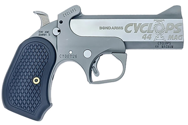 Bond Arms BACY Cyclops Big Bore 44 Mag 1rd, 4.25" Matte Stainless Steel w/Engraved Barrel, Matte Stainless Steel Frame, Black Extended B6 Resin Grip