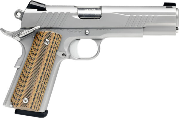 Savage Arms 67205 1911 Government 9mm Luger 10+1 5" Stainless Steel Barrel, Serrated Stainless Steel Slide, Stainless Steel Frame w/Beavertail, Brown VZ Grip