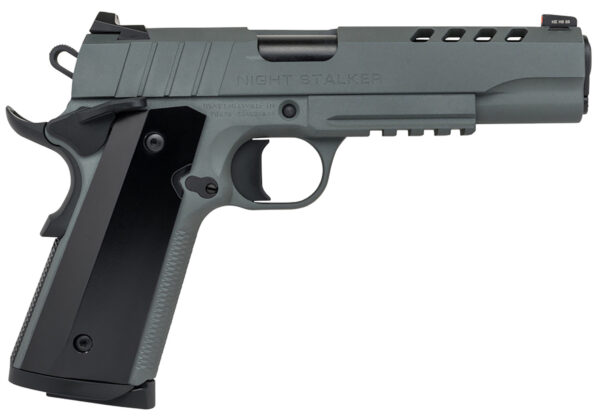 Tisas 10100538 1911 Night Stalker Full Size 9mm Auto 9+1 5" Steel Barrel, Ported/Serrated Steel Slide, Platinum Grey Cerakote Steel Frame w/Beavertail & Picatinny Rail, Ambidextrous