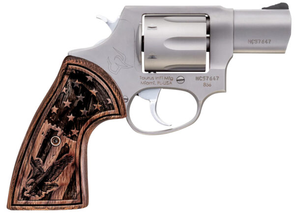 Taurus 285629US1 856  Small Frame 38 Special +P 6rd 2" Matte Stainless Steel Barrel, Cylinder & Frame, Engraved USA Flag Walnut Grip, Transfer Bar Safety
