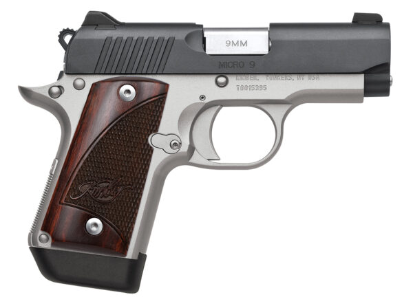 Kimber Mfg, Inc 3300099 Micro 9 Two-Tone Micro Frame 9mm Luger 7+1 3.15" Stainless Match Grade Barrel, Matte Black Serrated Steel Slide, Satin Silver Aluminum Frame w/Beavertail, Rosewood Grip