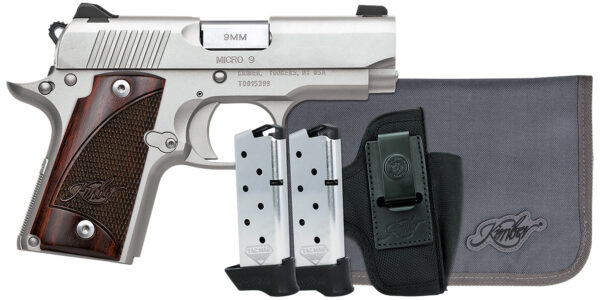 Kimber Mfg, Inc 3300250 Micro 9 RTC Bundle Micro Frame 9mm 7+1 3.15" Stainless Match Grade Barrel, Kimpro II Silver Serrated Slide, Kimpro II Silver Aluminum Frame w/Beavertail, Rosewood Grip