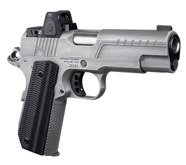 Ed Brown FX2SS FX2  45 ACP 7+1 4.25" Recessed Crown Barrel, Stainless Steel Engraved American Flag/Serrated Slide, Stainless Steel Frame, Trijicon RMRcc 3.25 MOA Sight