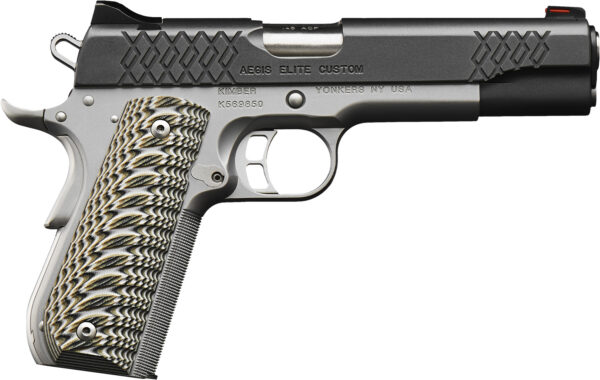 Kimber Mfg, Inc 3000351 Aegis Elite Custom 45 ACP 8+1 5" Stainless Match Grade Barrel, KimPro II Black Serrated Stainless Steel Slide, Satin Silver Stainless Steel Frame w/Beavertail, G10 Grip