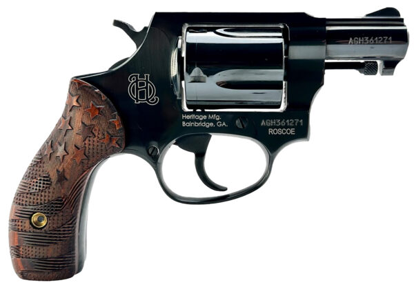 Heritage Mfg HR38B3-US1 Roscoe  Small 38 Special +P 5 Shot 3" Black Polished Alloy Steel Barrel, Cylinder & Frame, Custom Designed Wood Grip w/Stars & Stripes, Transfer Bar Safety, Exposed Hammer