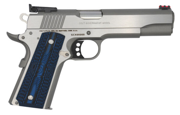 Colt Mfg O5070GCL Gold Cup Lite  45 ACP 8+1 5" Stainless National Match Barrel, Stainless Steel Serrated Slide, Stainless Steel Frame w/Beavertail, Blue Scalloped G10 Grip, Ambidextrous
