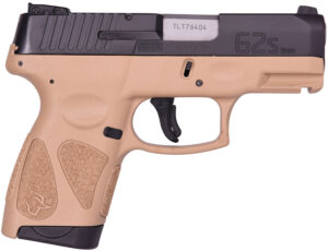 Taurus 1-G2S931T G2S  Compact Frame 9mm Luger 7+1 3.26" Matte Stainless Steel Barrel, Black Stainless Steel Serrated Slide, Coyote Tan Polymer Frame w/Accessory Rail, Black Polymer Grip