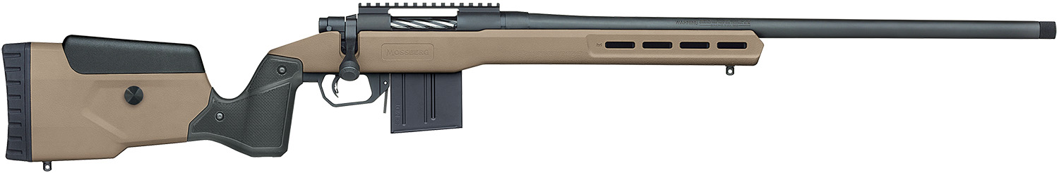 Mossberg 28148 Patriot LR Tactical 6.5 PRC 10+1 22" Matte Blued Threaded Bull Barrel, Matte Blued Picatinny Rail MDT Oryx Tactical M-LOK Flat Dark Earth Synthetic Stock, Right Hand