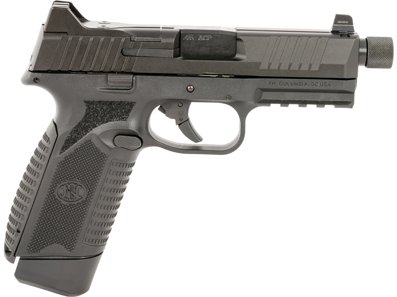 FN 66101385 545 Tactical 45 ACP 10+1 4.71" Black Target Crown/Threaded Steel Barrel, Black Optic Cut/Serrated Steel Slide & Polymer Frame w/Picatinny Rail,  Ambidextrous