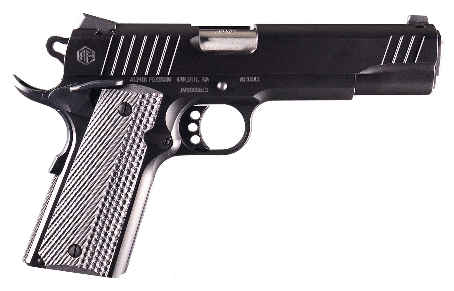 Alpha Foxtrot AA01X1END-PDBK10-GGC AF1911 Enhanced Full Size 9mm Luger 10+1 5" Black QPQ Stainless Steel Serrated Slide, Black QPQ Stainless Steel Frame w/Beavertail Checkered Polymer Grip