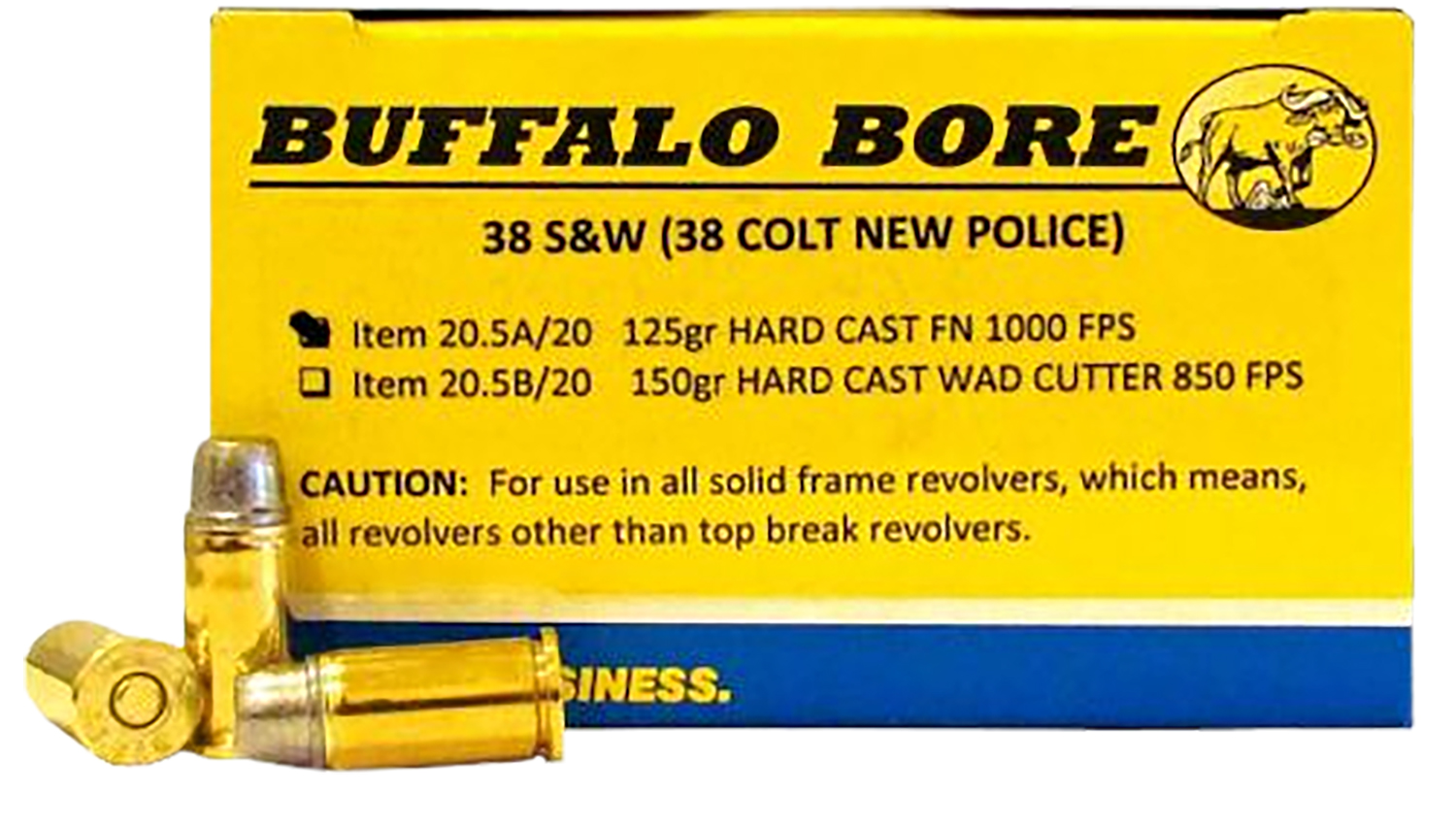Buffalo Bore Ammunition 205A20 Personal Defense Strictly Business 38S&W 125gr Hard Cast Flat Nose 20 Per Box/12 Case