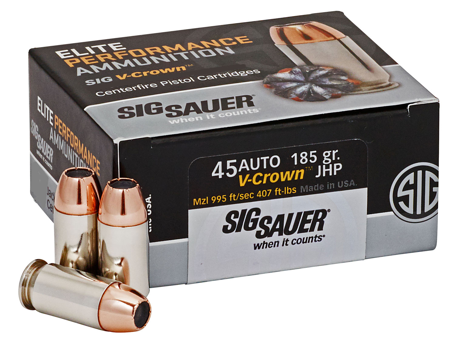 Sig Sauer E45AP050 Elite Performance 45ACP 185gr V-Crown Jacketed Hollow Point 50 Per Box/10 Case