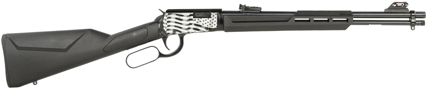Rossi RL22181SYEN11 Rio Bravo Lever Action 22 LR 15+1 18" Round Barrel, Black, Polished US Flag Engraved Rec, Synthetic Stock, Fiber Optic Sights