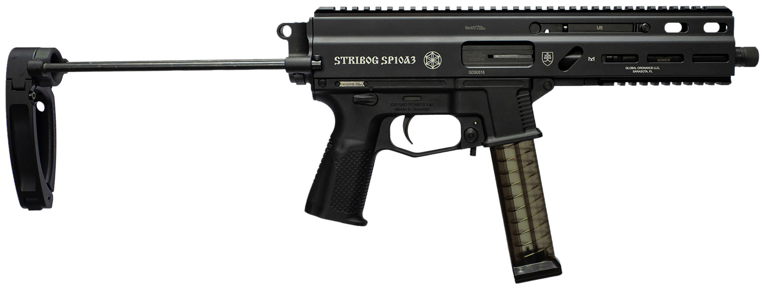 Grand Power 197892004855 SP10A3 Stribog 10mm Auto 20+1 8" Black Threaded Barrel, Black Aluminum Picatinny Rail Receiver, Black Polymer PDW Tailhook Brace, Black Polymer Grip, Thread Protector