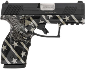 Taurus 1-GX2931-EN1 GX2  Compact Frame 9mm Luger 13+1 3.38" Stainless Steel Barrel, Matte Black Serrated Alloy Steel Slide, Black w/Eagle, Stars & Stripes Polymer Frame w/Accessory Rail