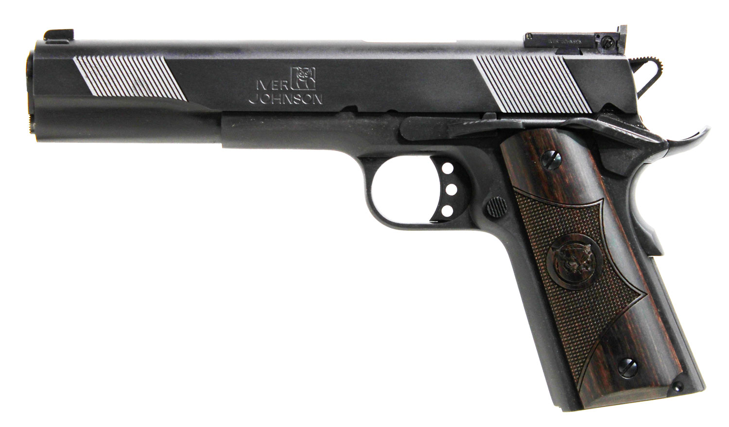 Iver Johnson Arms EAGLEXL45 Eagle XL Deluxe Full Size Frame 45 ACP 8+1 6" Steel Barrel, Matte Blued Serrated Steel Slide & Frame w/Beavertail, Diamondwood Walnut w/Integrated Logo Grip, Right Hand