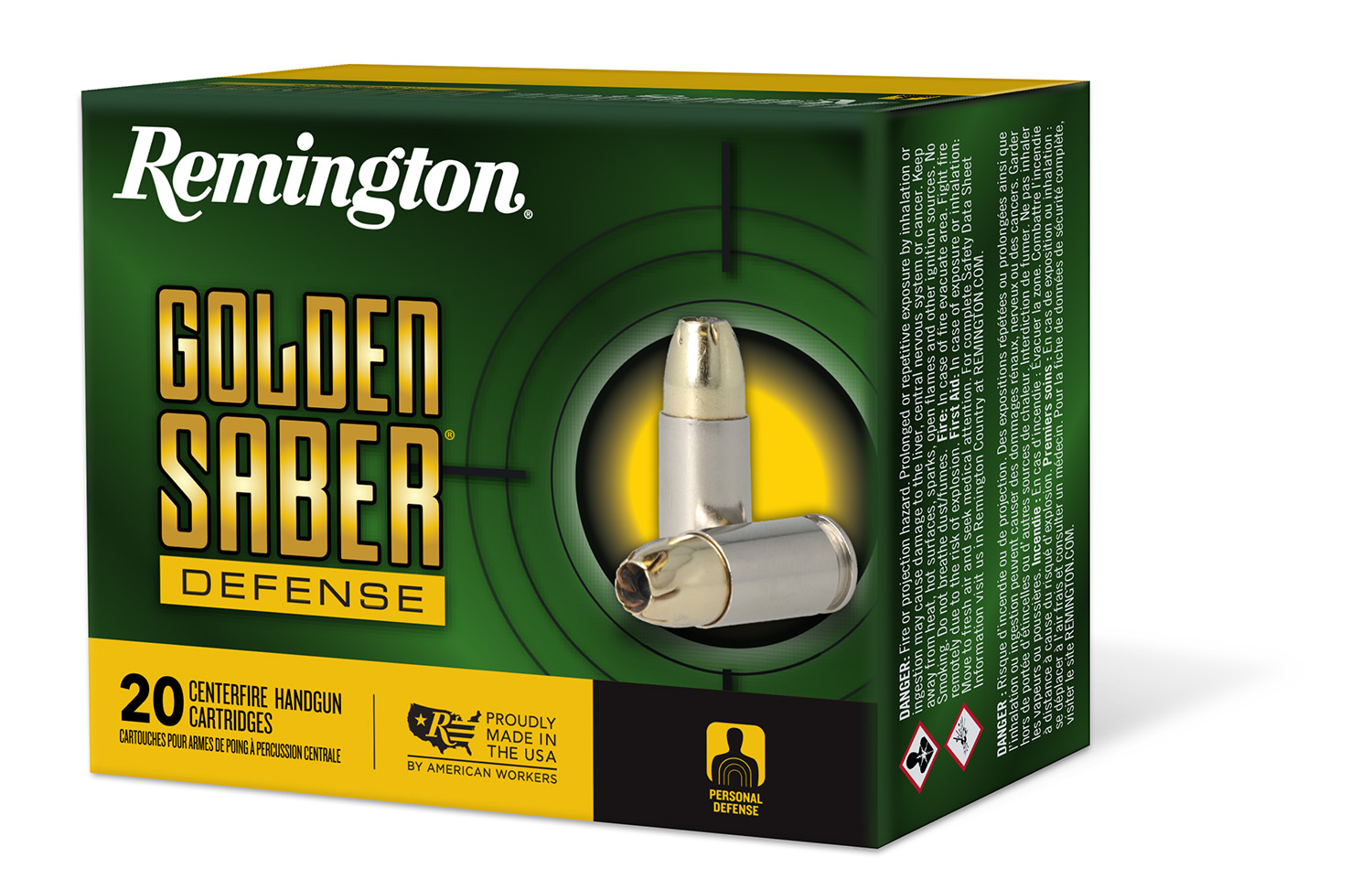 Remington Ammunition 27611 Golden Saber Defense 45ACP +P 185gr Brass Jacketed Hollow Point 20 Per Box/25 Case