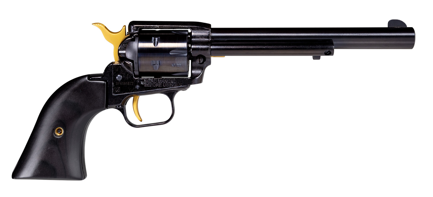 Heritage Mfg RR22B4-GLD Rough Rider 22 LR 6 Shot 4.75" Black Oxide Alloy Steel Barrel, Black w/Gold Accents Zinc Alloy Frame, Black Oxide Cylinder, Black Laminate Wood Grip