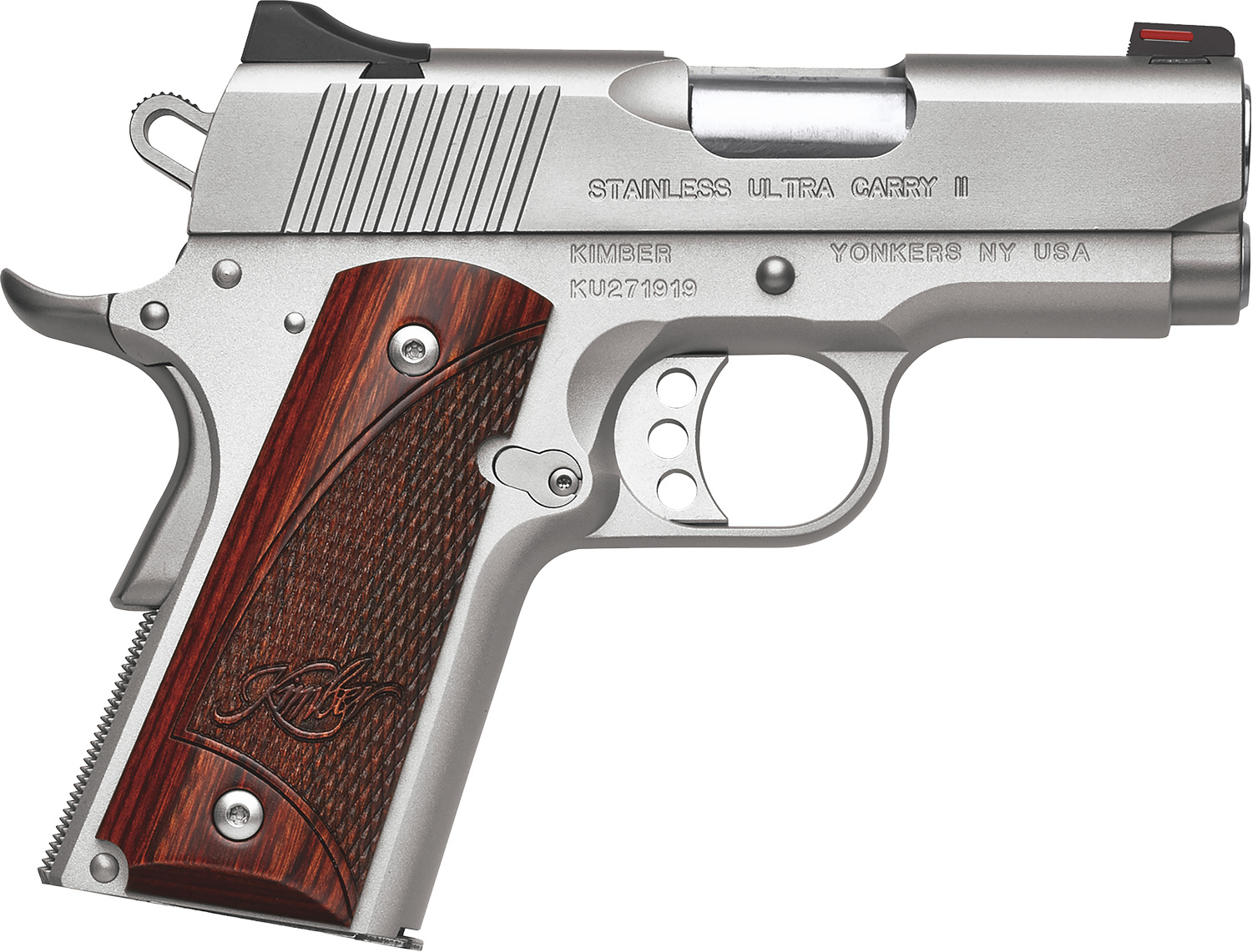 Kimber Mfg, Inc 3200330 Ultra Carry II 45 ACP 7+1 3" Stainless Match Grade Barrel, Satin Silver Serrated Stainless Steel Slide, Satin Silver Aluminum Frame w/Beavertail, Rosewood Grip