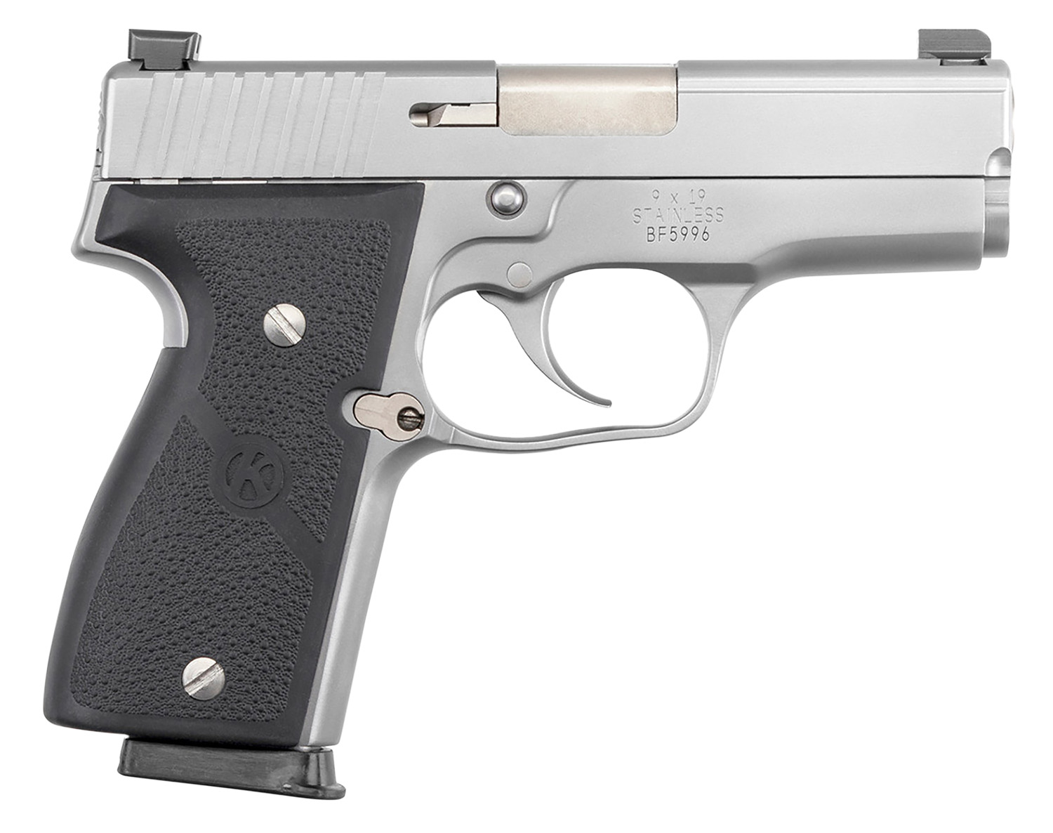 Kahr Arms K9093NA K 9mm Luger Caliber with 3.50" Barrel, 7+1 Capacity, Overall Matte Stainless Steel Finish, Serrated Slide, Textured Wraparound Black Polymer Grip & TruGlo Night Sights