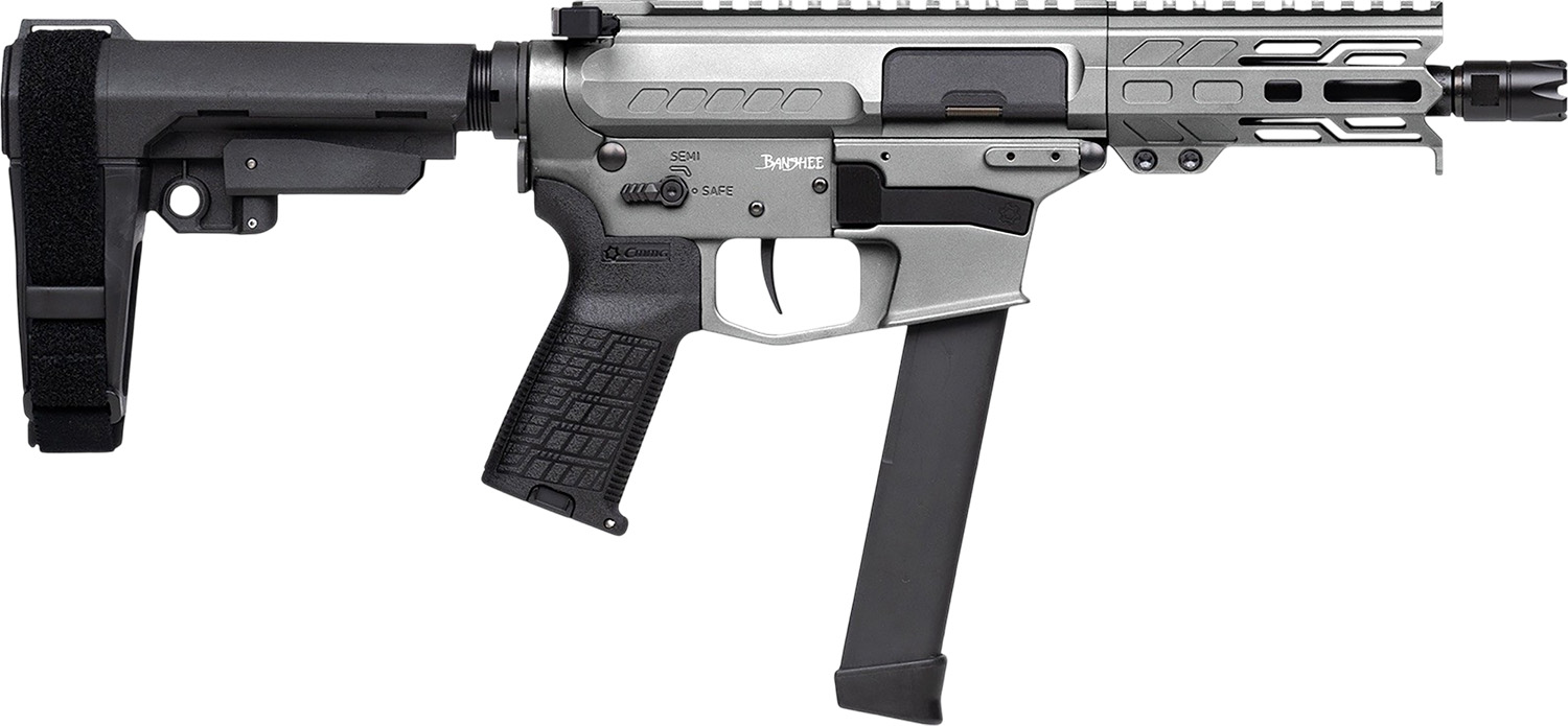 CMMG 99A290FTNG Banshee FE MkGs 9mm Luger 33+1 5" Black Nitride Threaded Barrel, M-LOK Handguard, Tungsten Cerakote Aluminum Receiver w/Picatinny Rail, Black Polymer CMMG RipBrace, CMMG Zeroed Grip