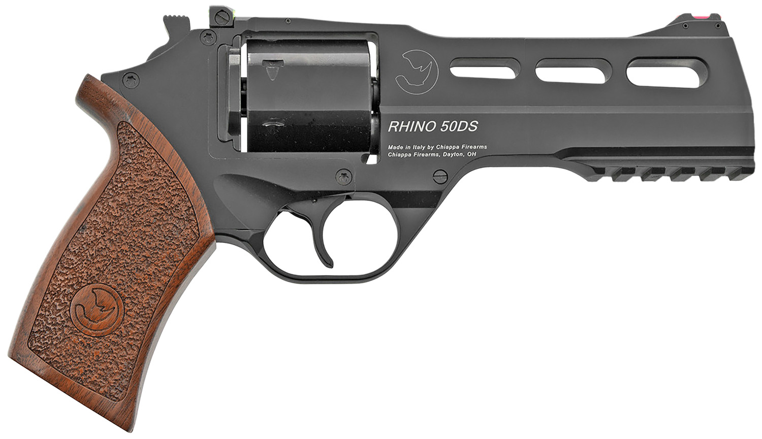 Chiappa Firearms 340220 Rhino 50DS Small Frame 357 Mag 6 Shot, 5" Black Anodized Steel Vent Rib Barrel, Blued Steel Cylinder, Black Anodized Aluminum Frame, Walnut Grip, Concealed Hammer